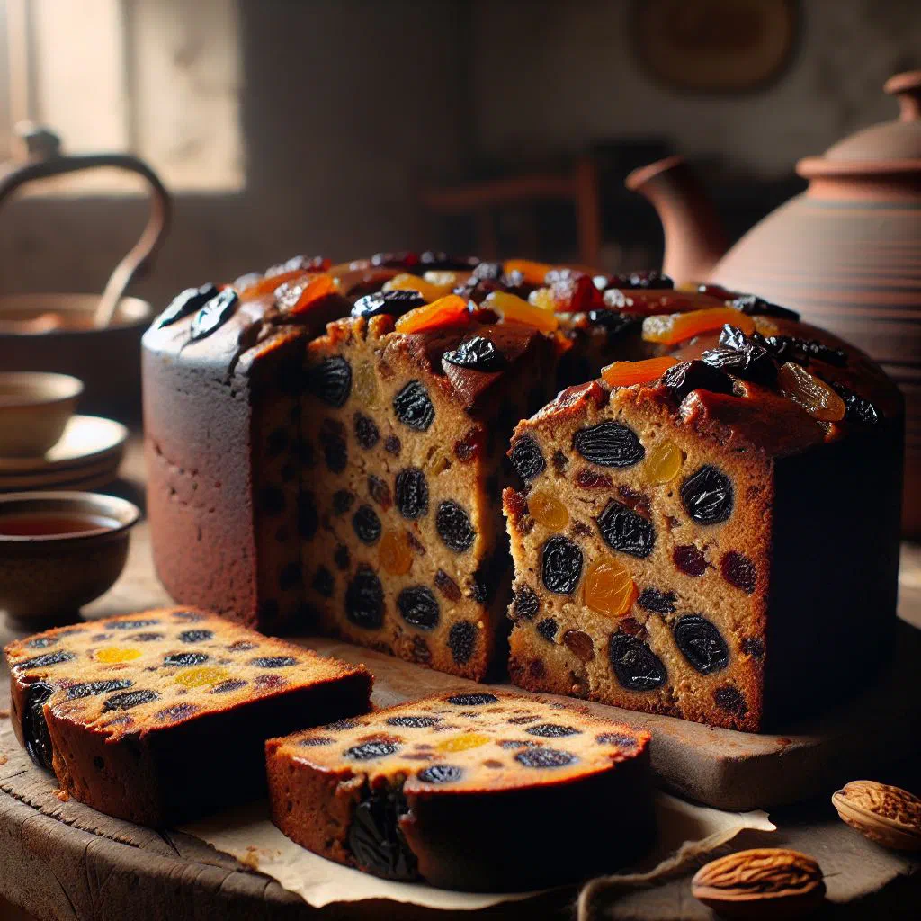 Sliced Irish tea brack studded with dried fruit on a wooden board