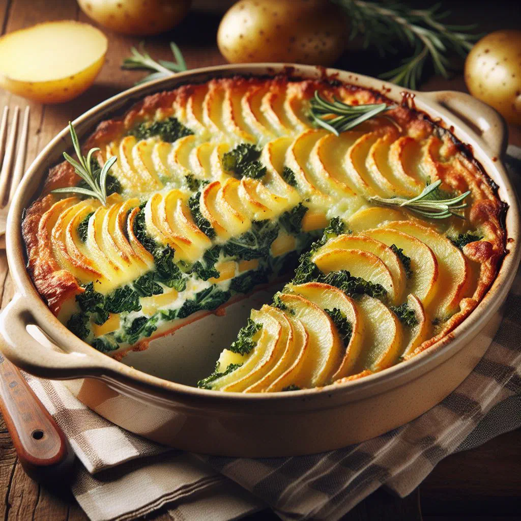 Golden baked kale and potato gratin in a rustic dish