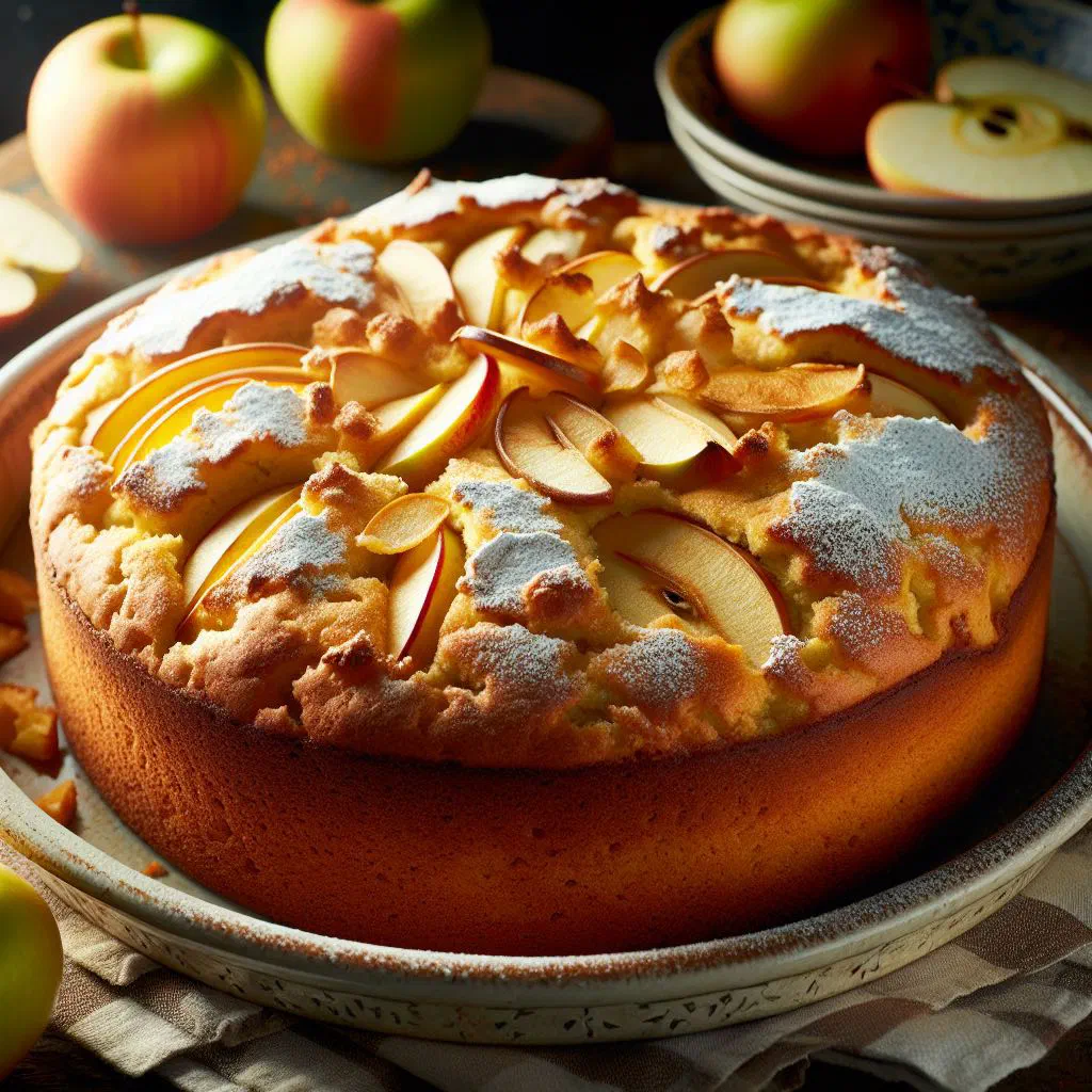 Kerry apple cake dusted with icing sugar on a serving plate