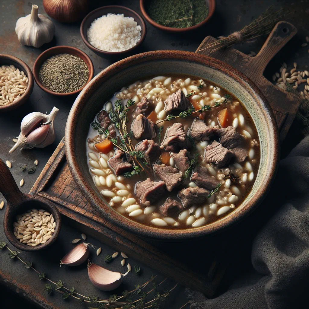 A rustic bowl of lamb and barley broth garnished with fresh parsley