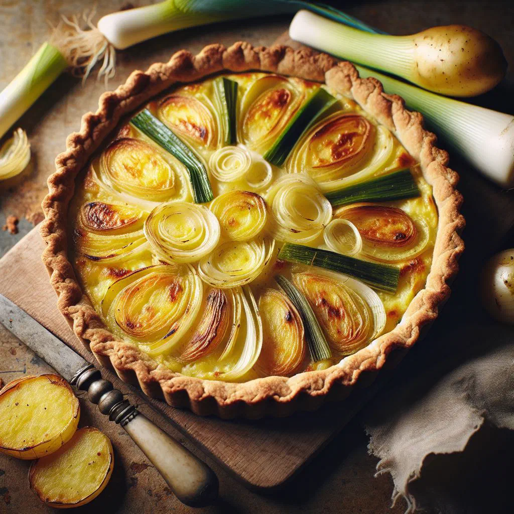 Golden leek and potato tart with a crisp pastry base