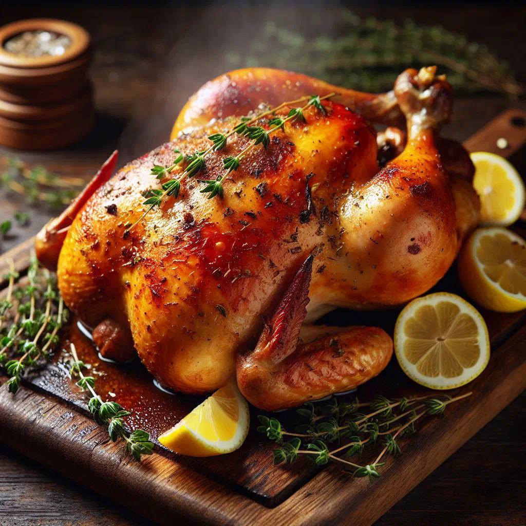 Golden roast chicken fillets with lemon slices and fresh thyme