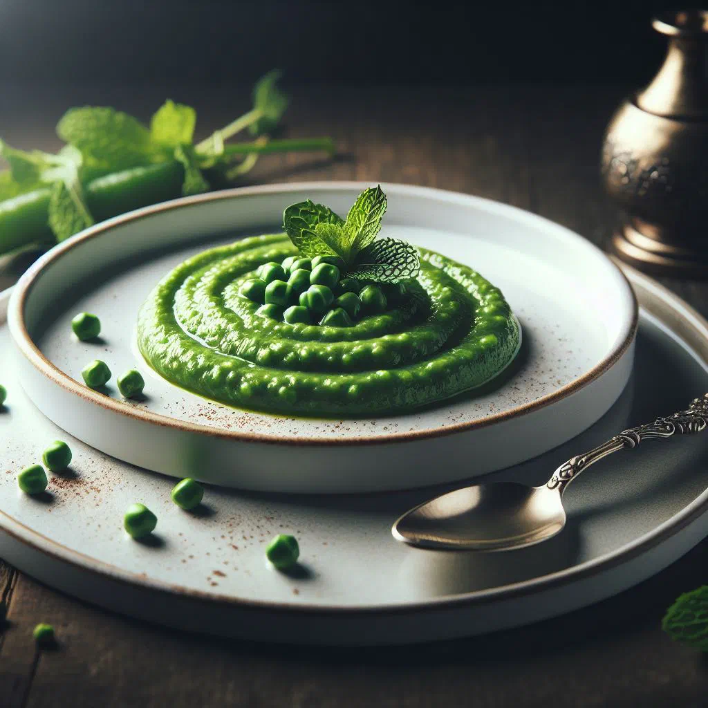 Bowl of bright green minted pea purée garnished with fresh mint and a drizzle of olive oil