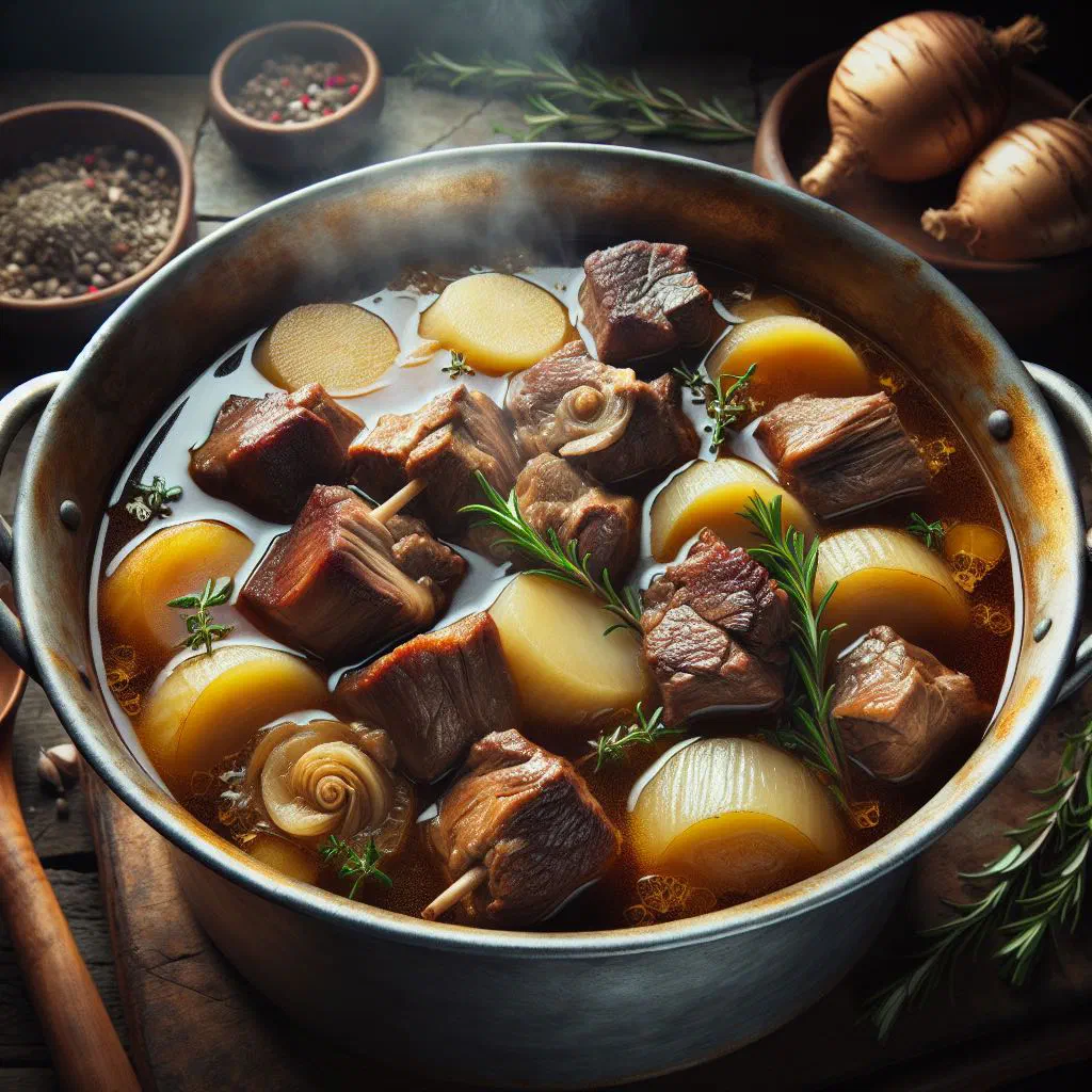 A bowl of hearty mutton and turnip stew with carrots and herbs