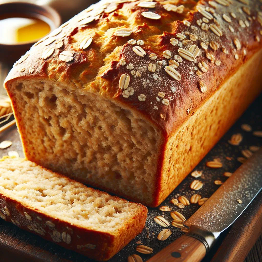 Sliced loaf of golden oatmeal and honey bread on a rustic wooden board