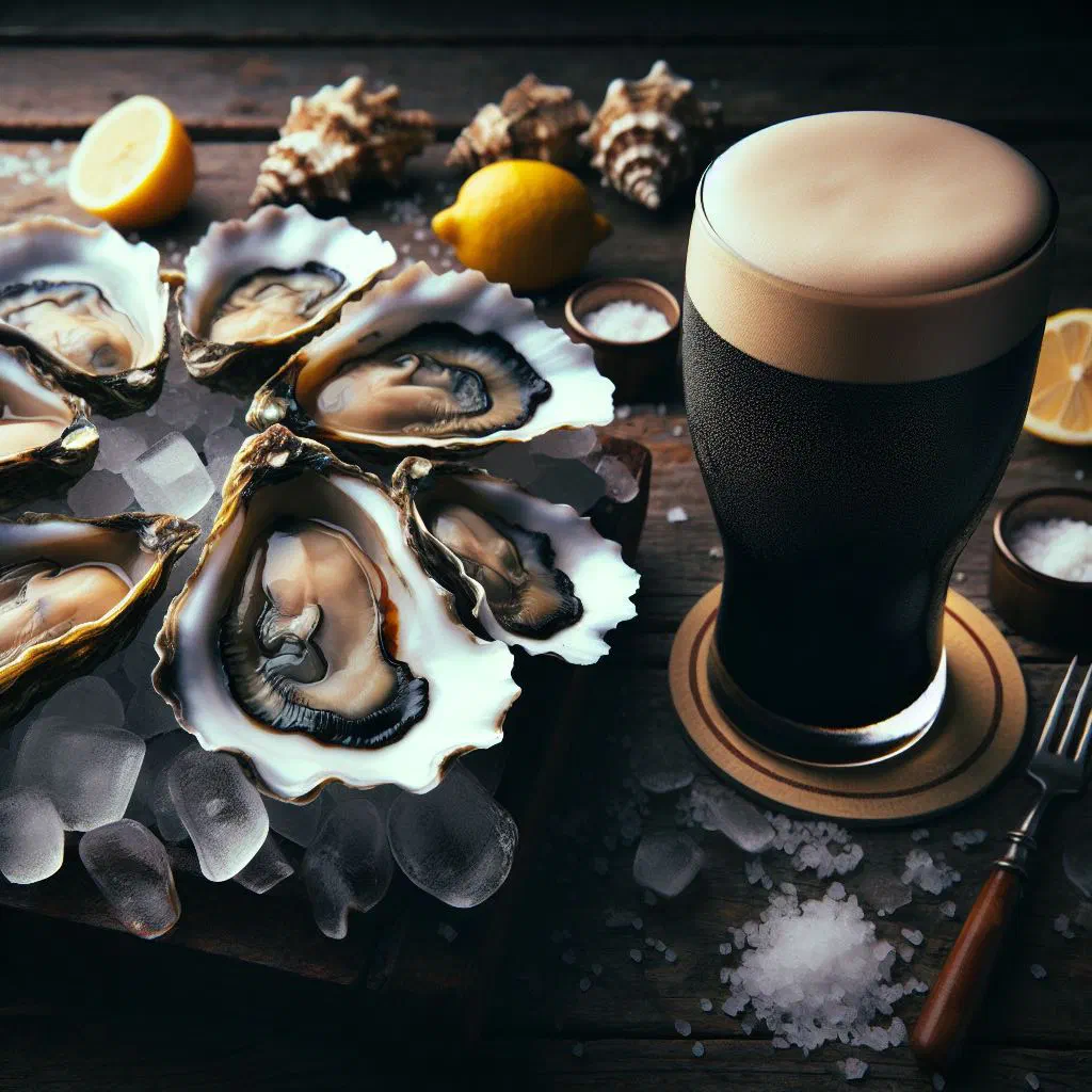 Fresh oysters on the half shell served on ice with lemon and a glass of Guinness