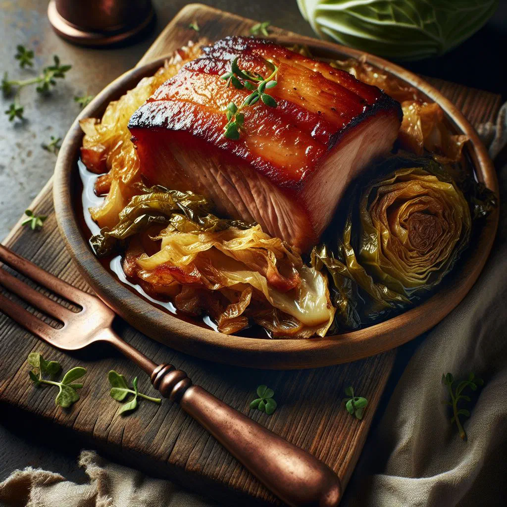 Tender pork with cabbage, potatoes and carrots in a rustic bowl
