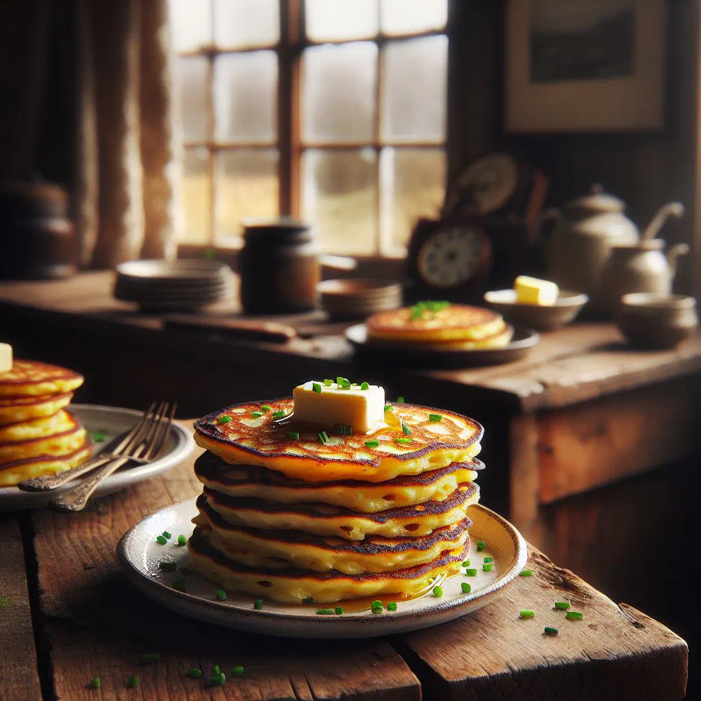 Golden potato boxty pancakes stacked on a plate with fresh herbs