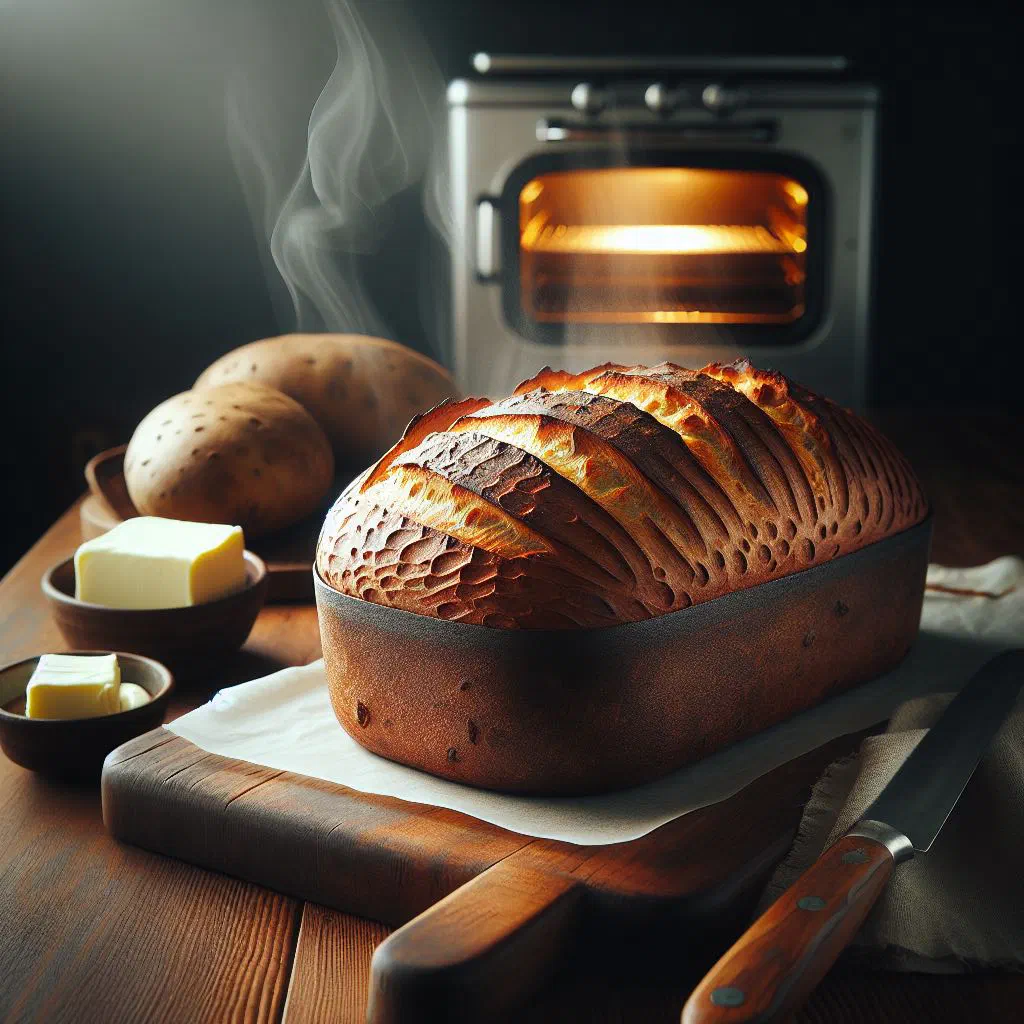 Golden slices of Irish potato bread on a wooden board