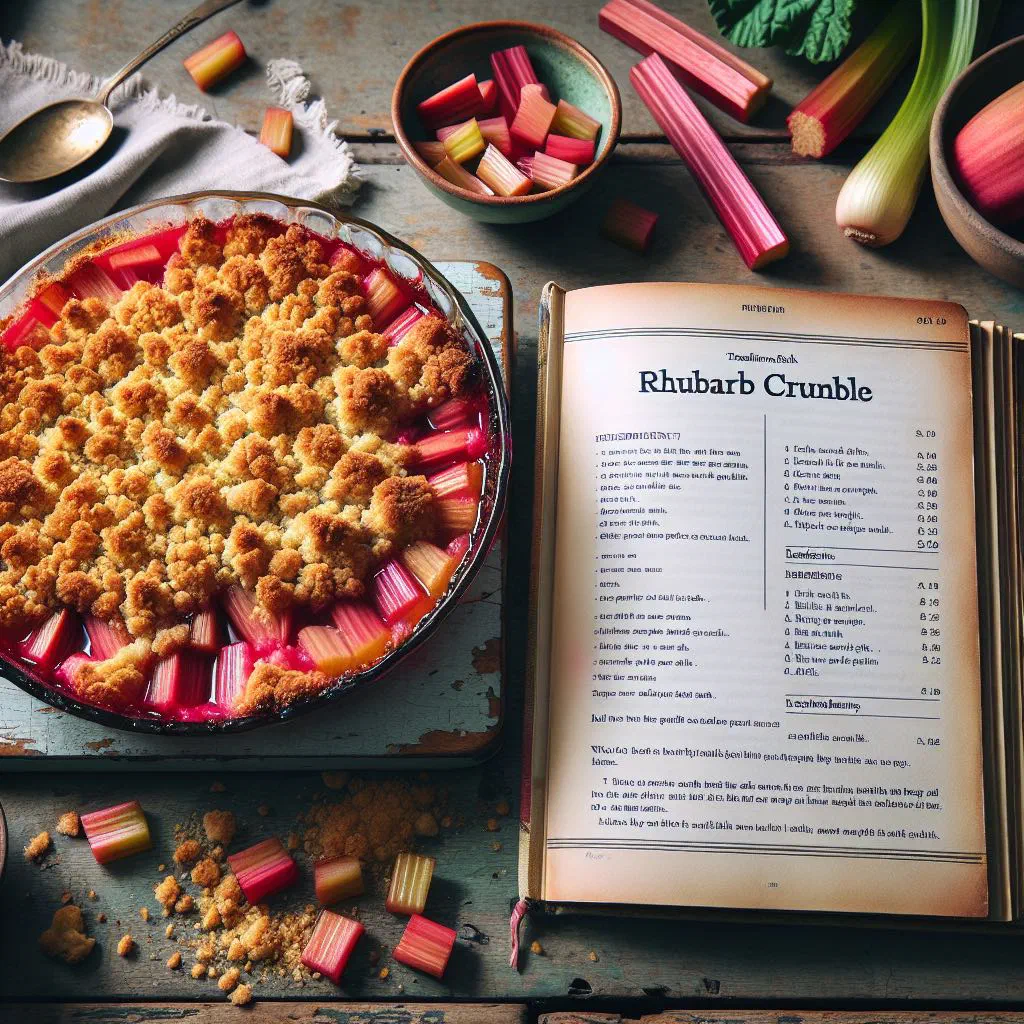 Golden rhubarb crumble in a baking dish with a scoop of vanilla ice cream