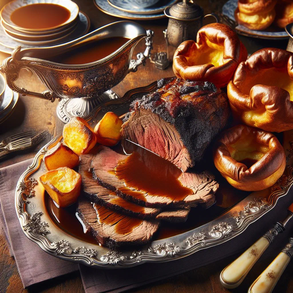 Sliced roast beef served with golden Yorkshire puddings and gravy