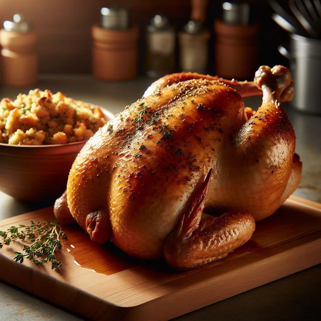 Golden roast chicken with herb stuffing on a serving platter