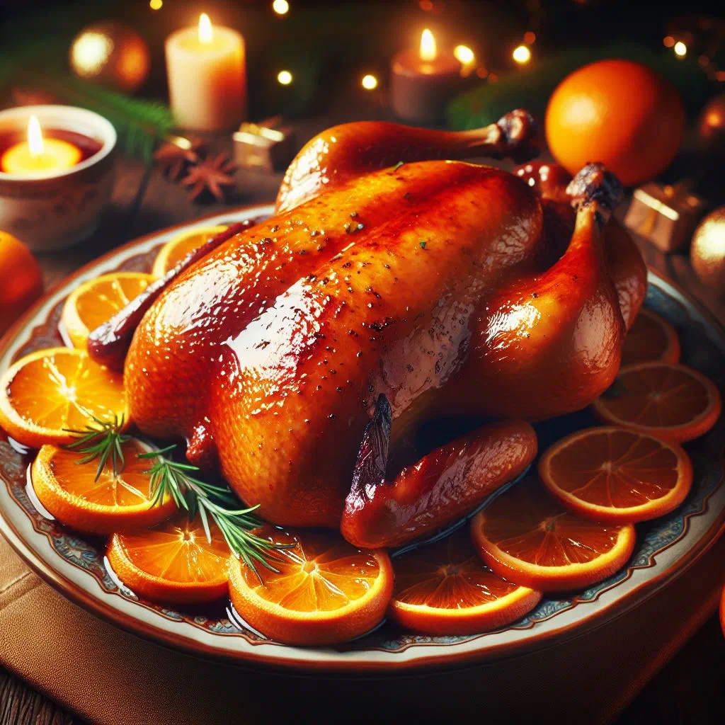 Roast duck breast with a glossy orange glaze and fresh herbs