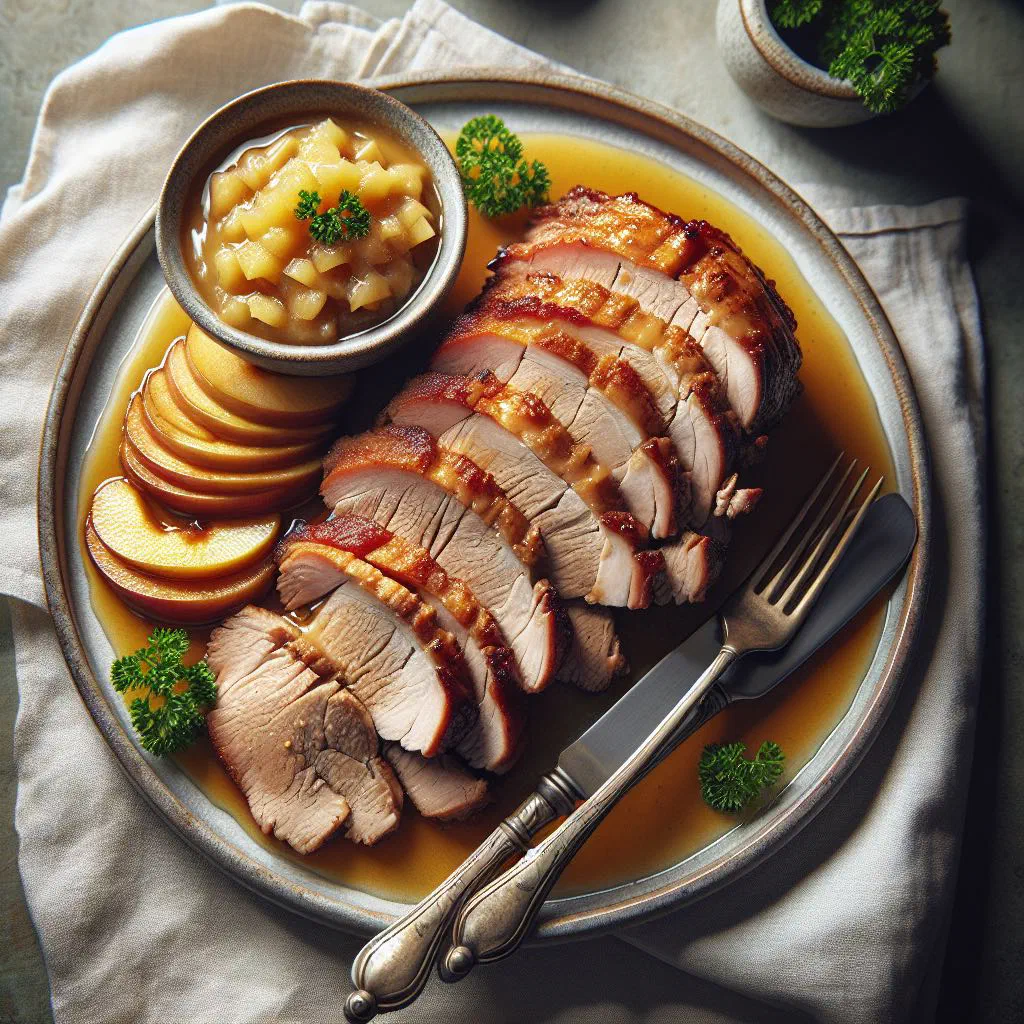 Sliced roast pork served with warm apple sauce and fresh herbs