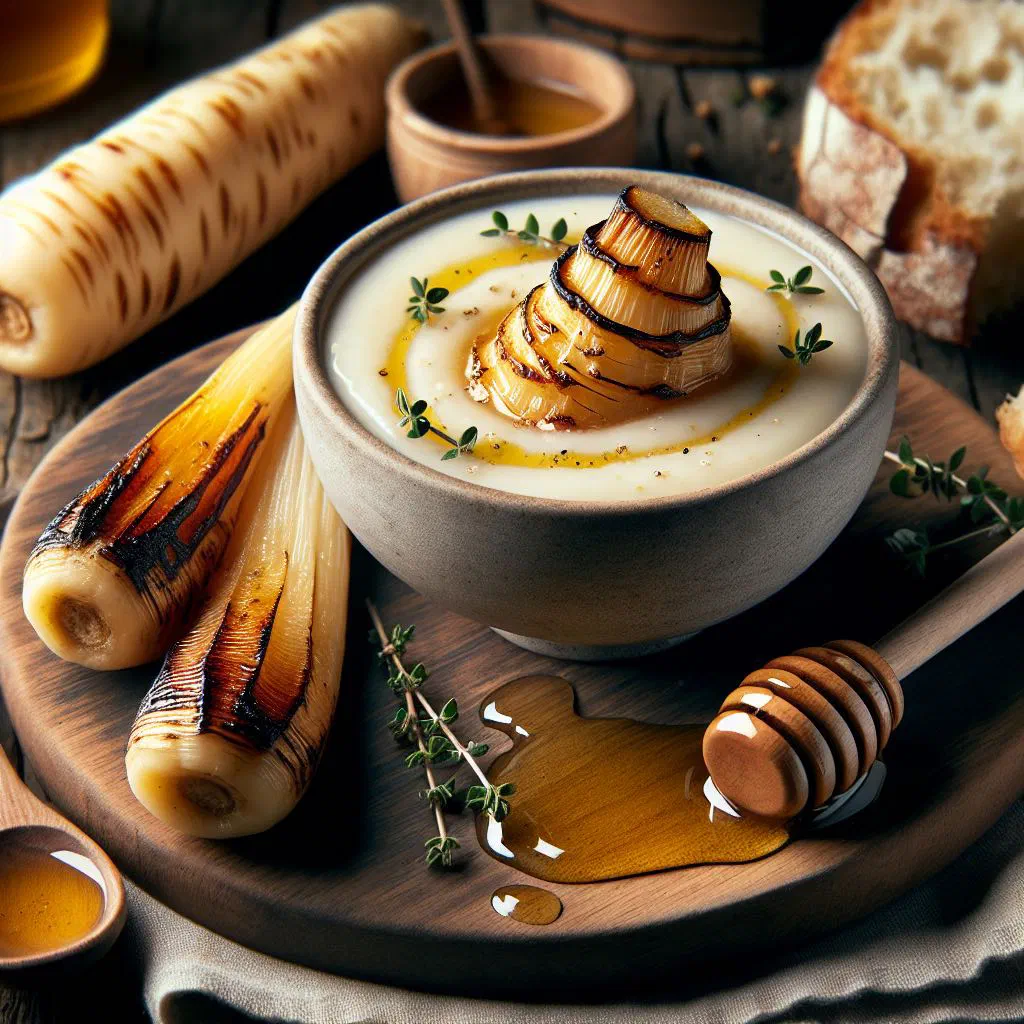Bowl of creamy roasted parsnip and honey soup garnished with fresh parsley