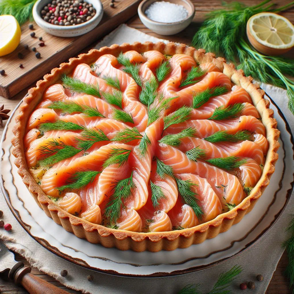 Golden salmon and dill tart garnished with fresh dill and lemon