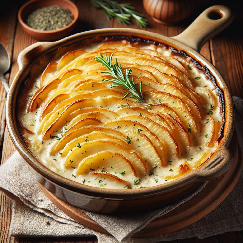 Golden baked scalloped potatoes in a ceramic dish with a bubbling cheese crust