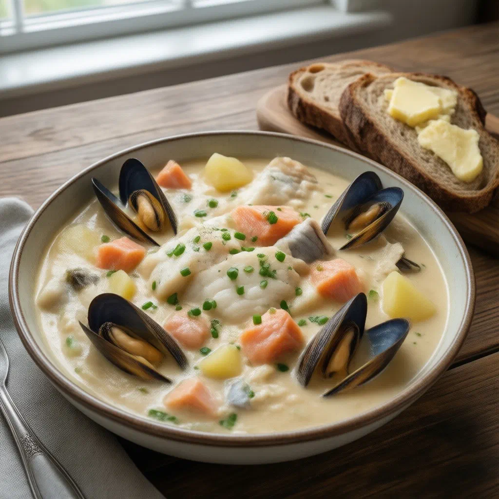 A creamy bowl of Irish seafood chowder topped with fresh parsley