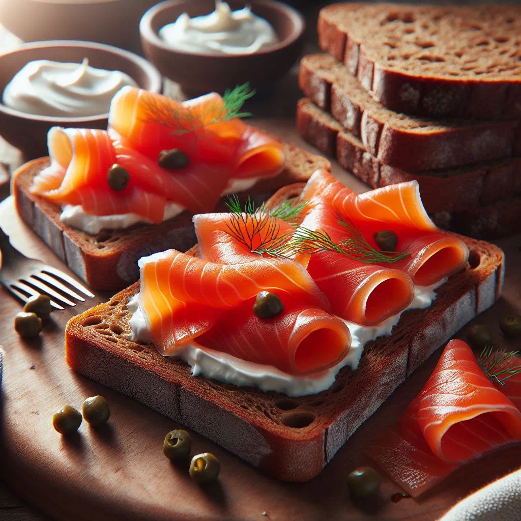 Smoked salmon on toasted brown bread garnished with dill and lemon