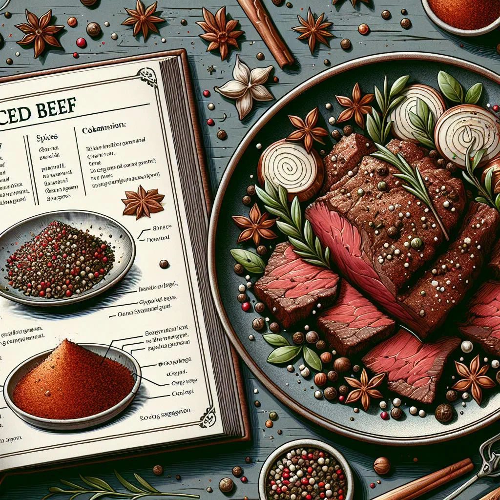 Sliced spiced beef on a wooden board garnished with fresh herbs