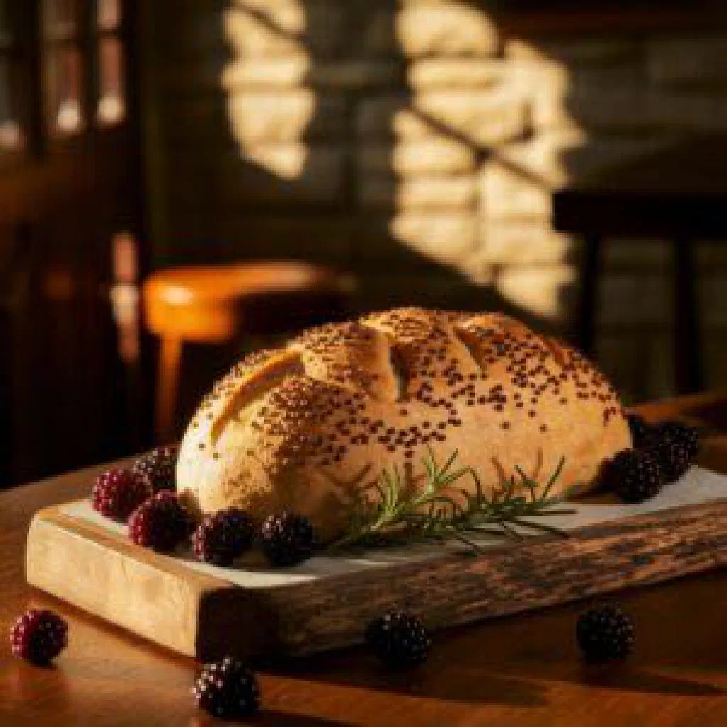 Sliced spotted dog bread studded with raisins on a wooden board