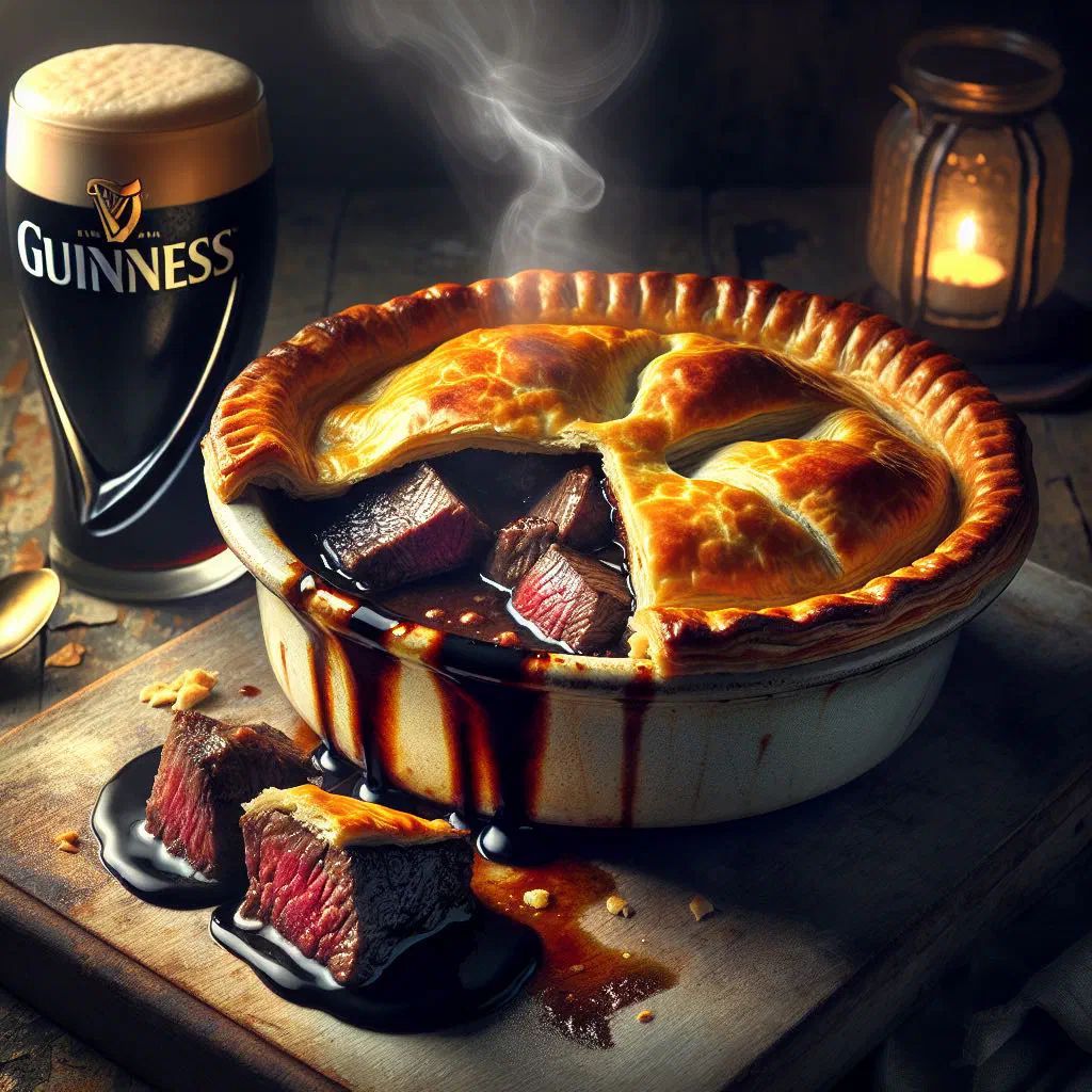 Steak and Guinness pie with golden puff pastry topping