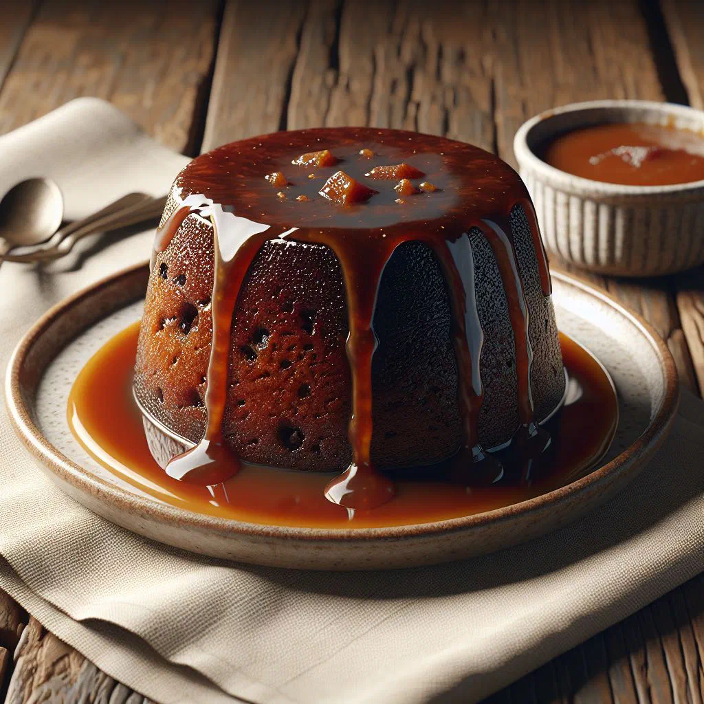 Warm sticky toffee pudding drizzled with toffee sauce and a scoop of vanilla ice cream