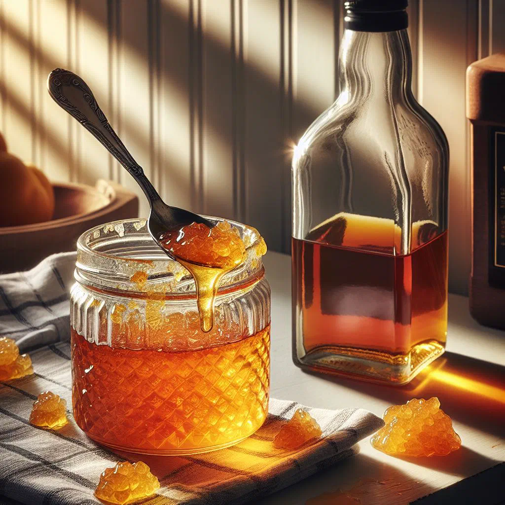Jar of golden whiskey marmalade with orange peel and fresh bread