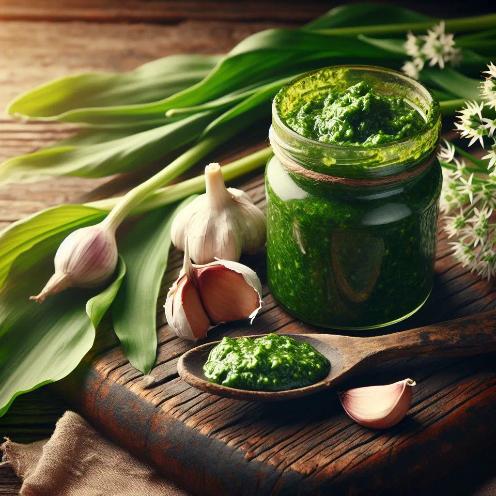 Jar of vibrant green wild garlic pesto with fresh leaves and bread
