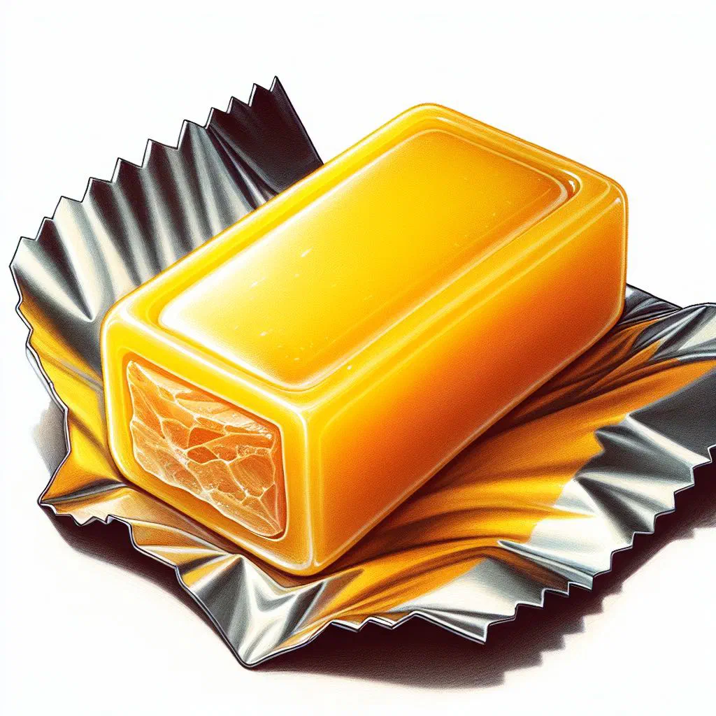 Golden shards of Yellowman toffee broken into pieces on a wooden board