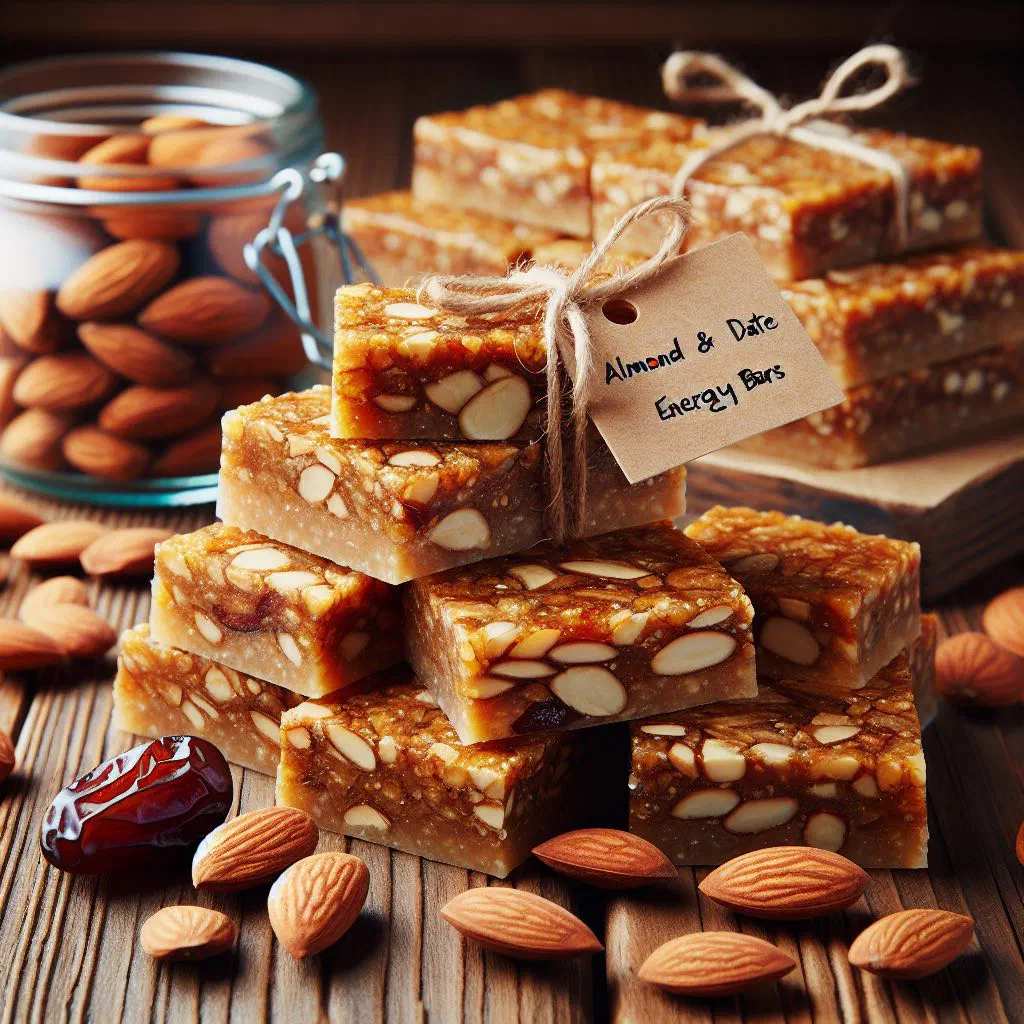 Almond and date energy bars cut into squares on a wooden board