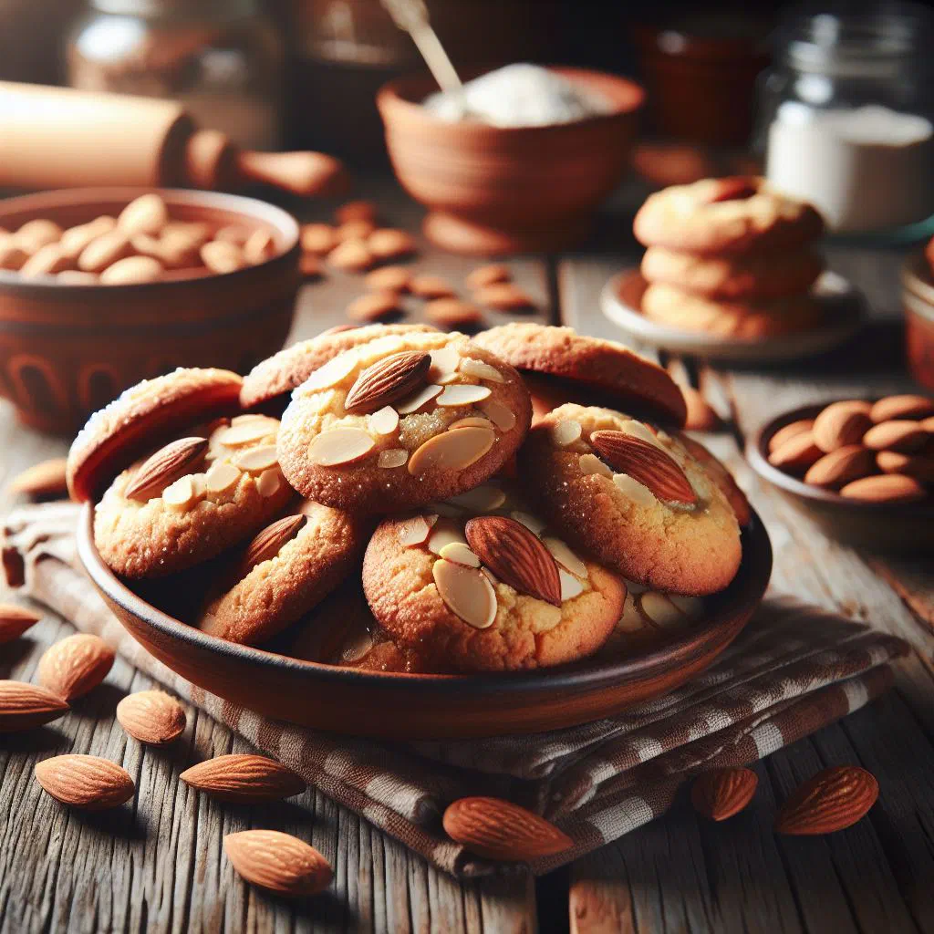 Golden almond cookies dusted with icing sugar on a plate
