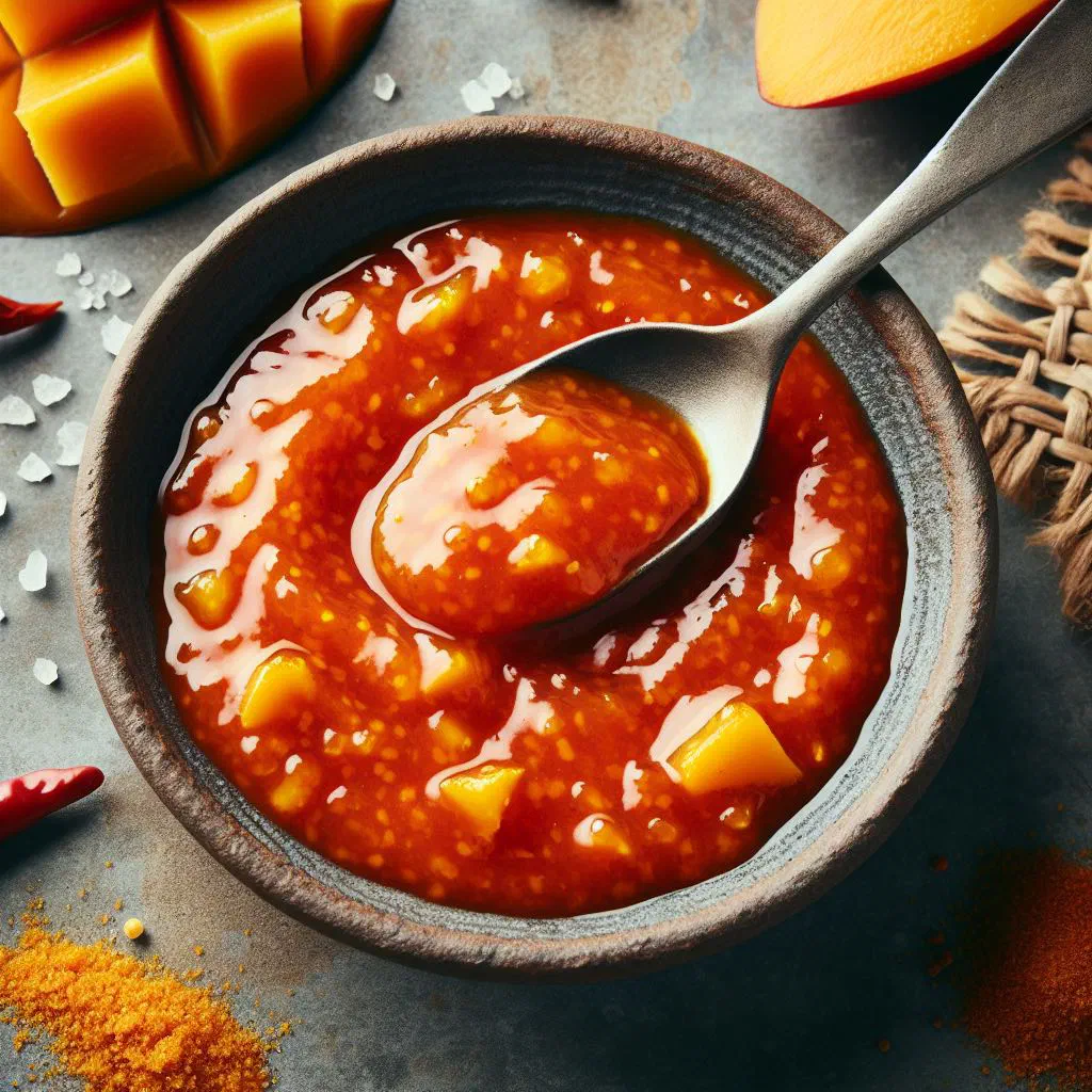 Bowl of golden amba sauce made from mango and chilli