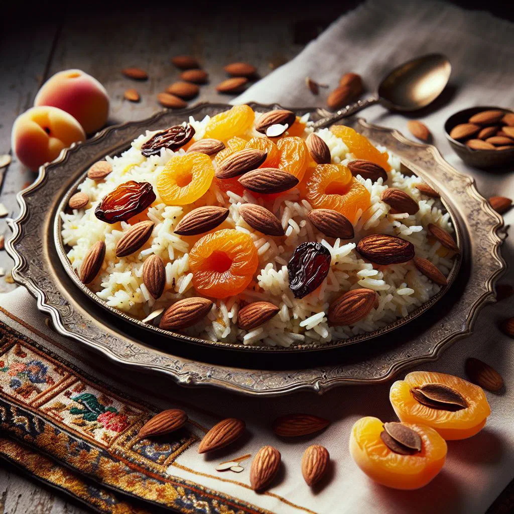 Fragrant apricot and almond pilaf garnished with toasted almonds and fresh herbs