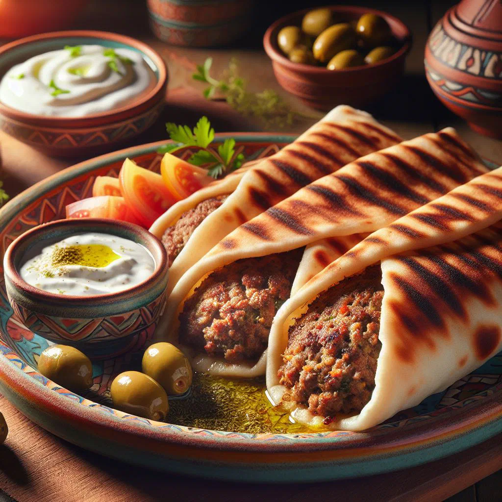 Grilled arayes pita halves stuffed with spiced minced meat, garnished with parsley