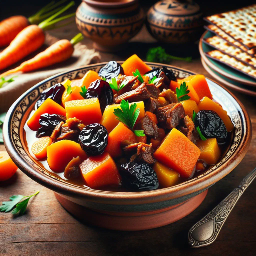 Ashkenazi tzimmes with glazed carrots, apricots and raisins in a bowl