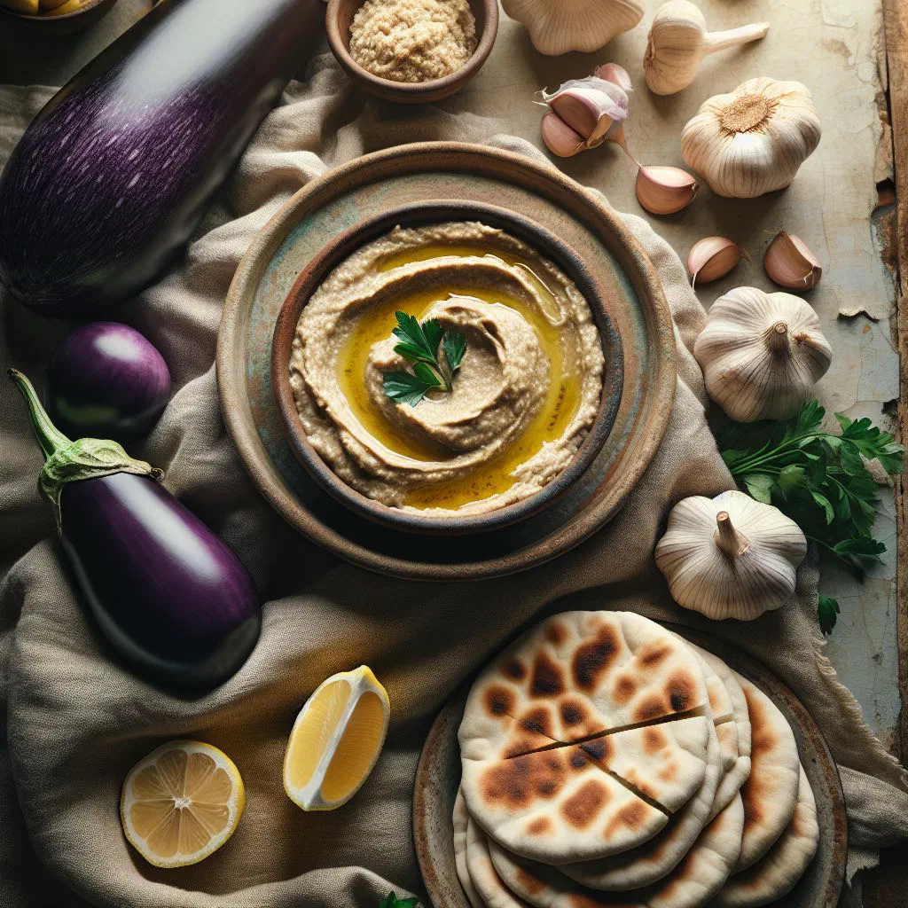 Creamy baba ganoush drizzled with olive oil and garnished with fresh herbs