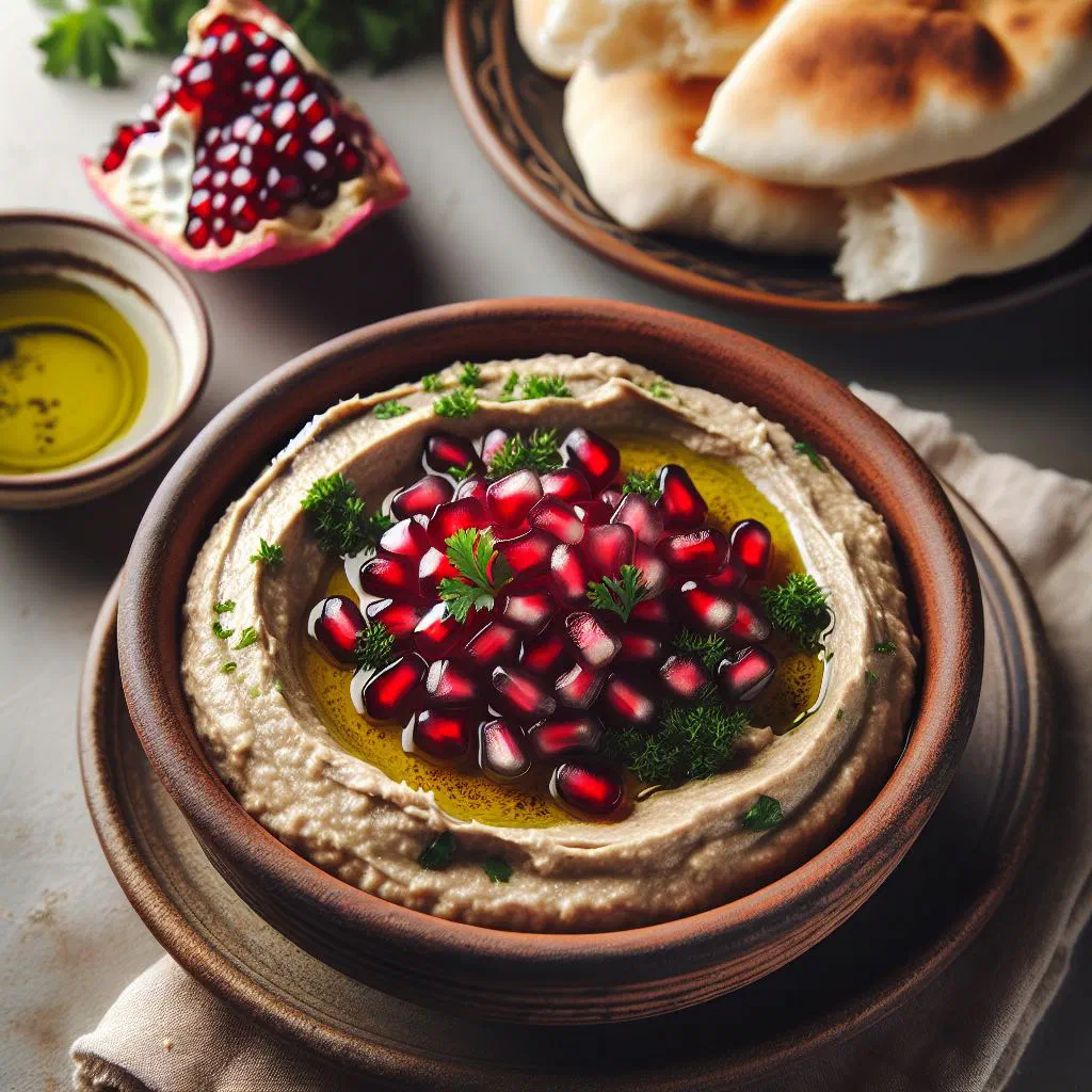 Creamy aubergine baba ganoush topped with pomegranate seeds and olive oil