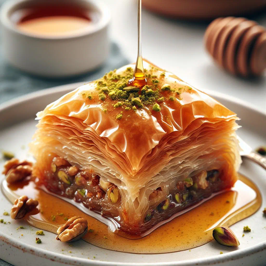 Diamond-cut baklava layered with nuts and glossy honey syrup
