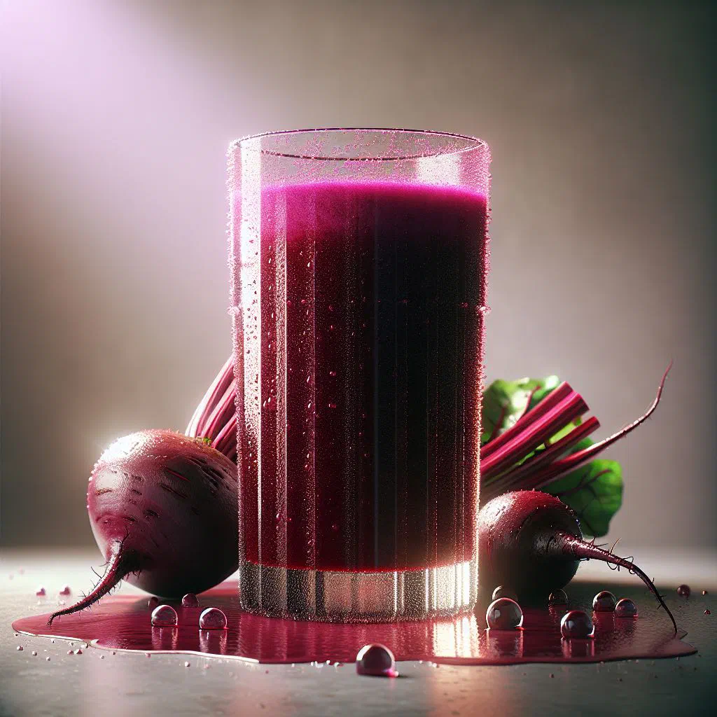 Glass of deep red beetroot juice garnished with fresh mint