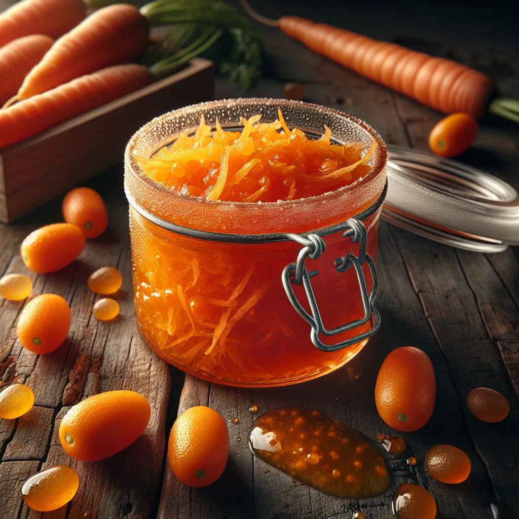 Jar of glossy orange carrot and kumquat marmalade on a wooden board