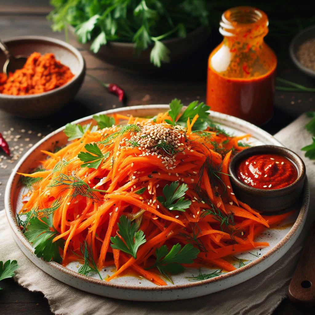 Carrot salad tossed with harissa and garnished with fresh herbs