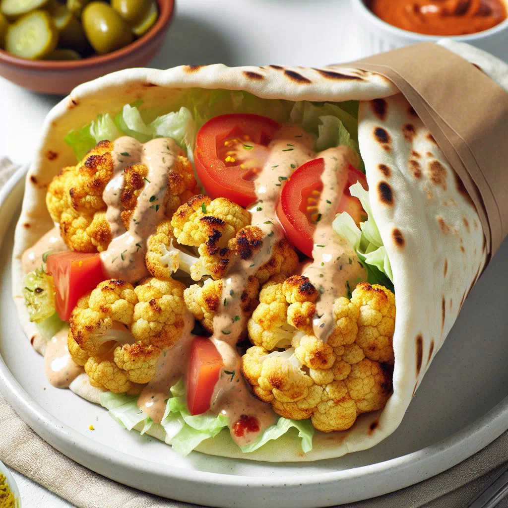 Roasted spiced cauliflower florets served in flatbread with fresh vegetables
