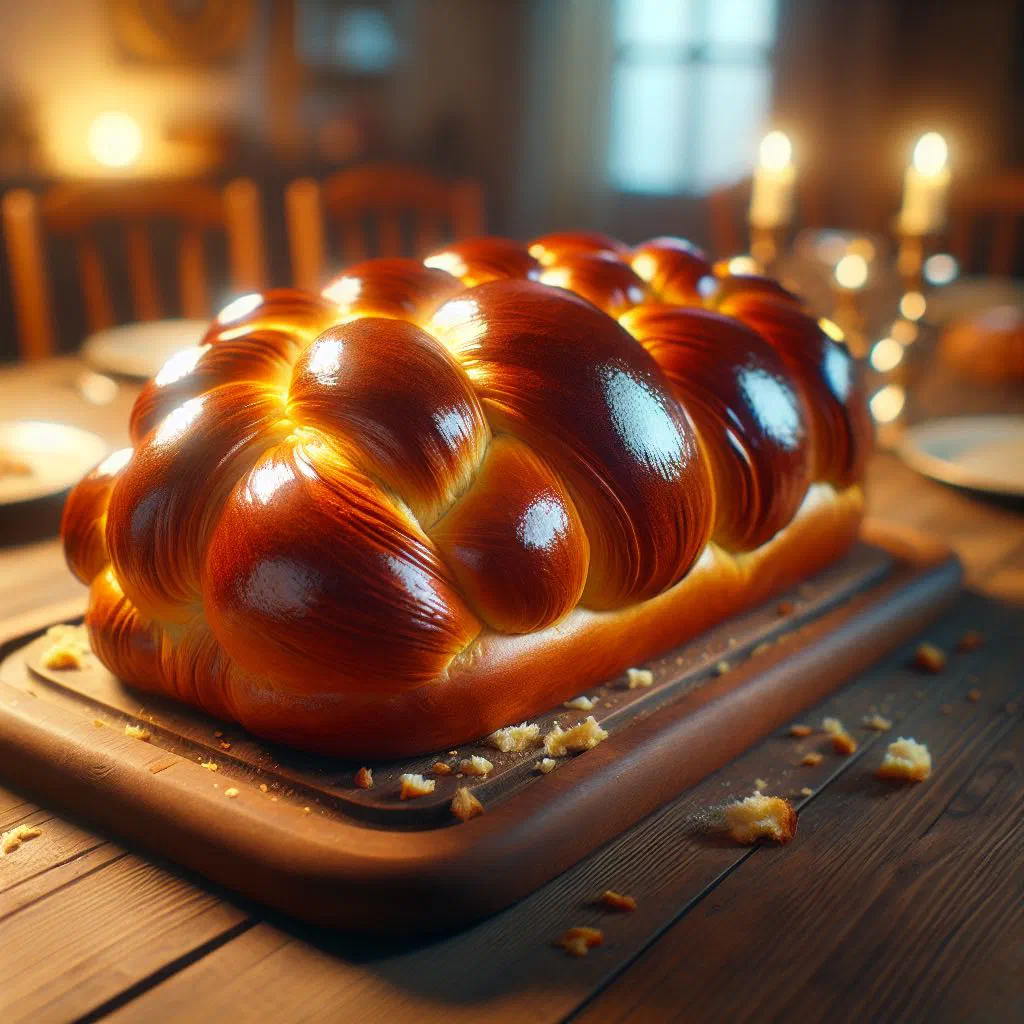 Golden braided challah loaf with a glossy egg-washed crust