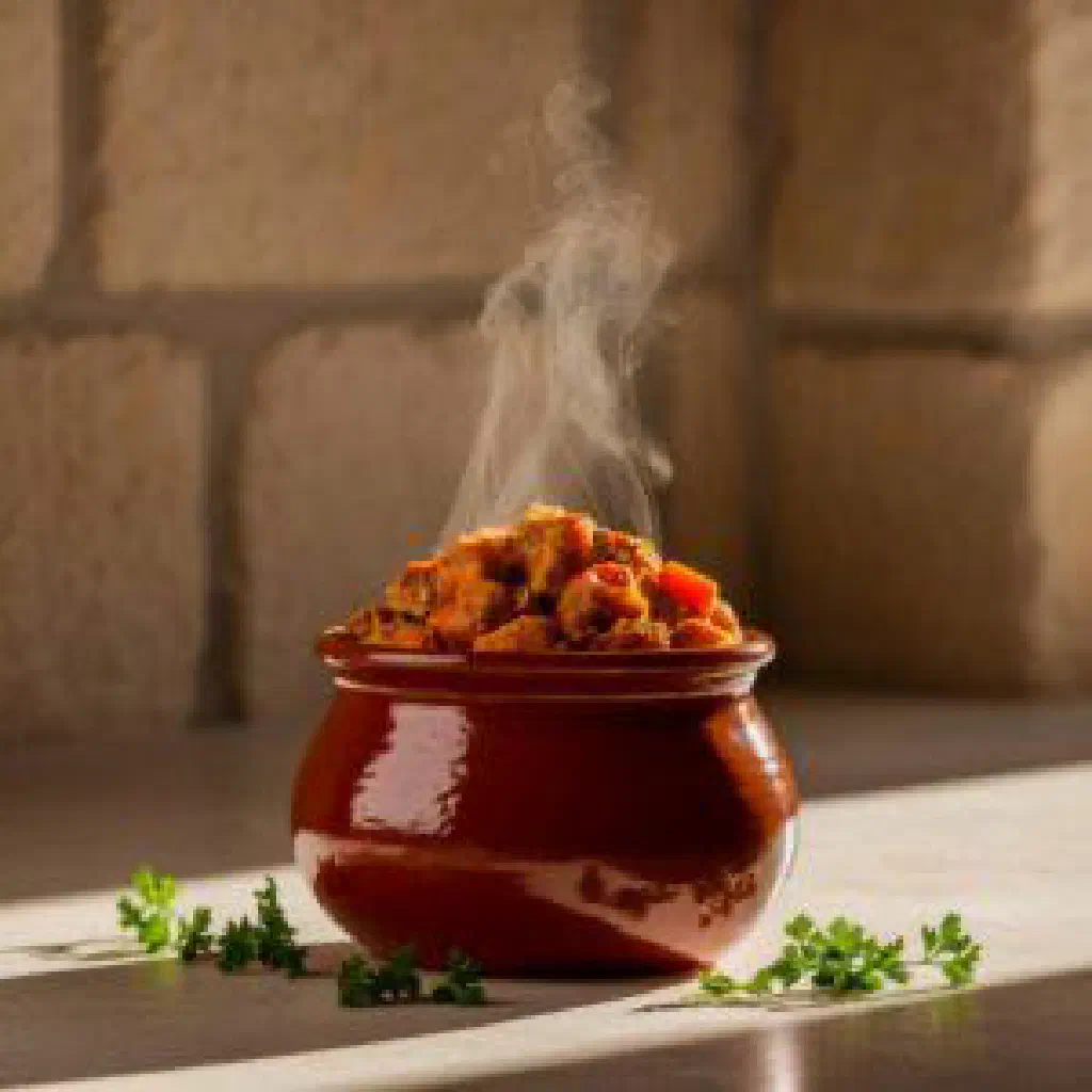 A hearty bowl of chamin with beef, potatoes and carrots garnished with parsley