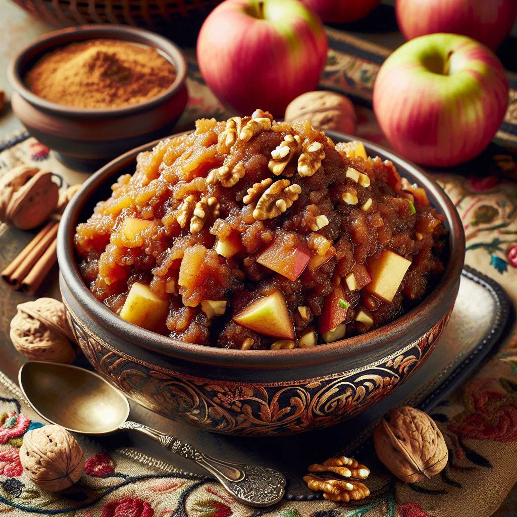A bowl of charoset made from grated apple, chopped nuts and cinnamon