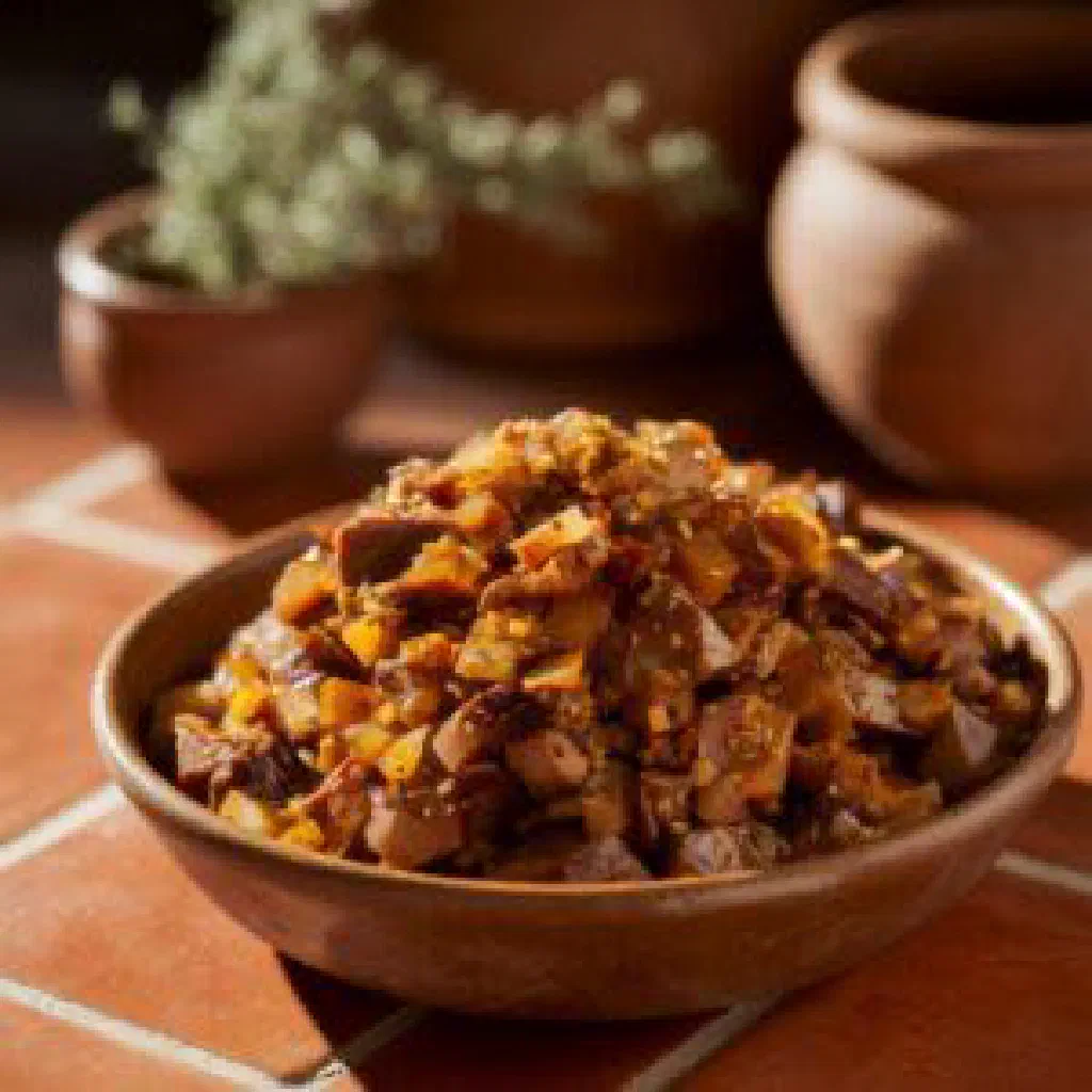 Chopped liver spread garnished with fresh herbs and served with bread