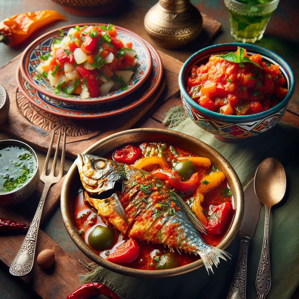 Fish fillets simmered in a spicy tomato sauce, garnished with fresh herbs