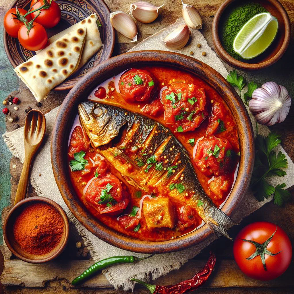 Chraime fish fillets simmered in a spicy red tomato and pepper sauce