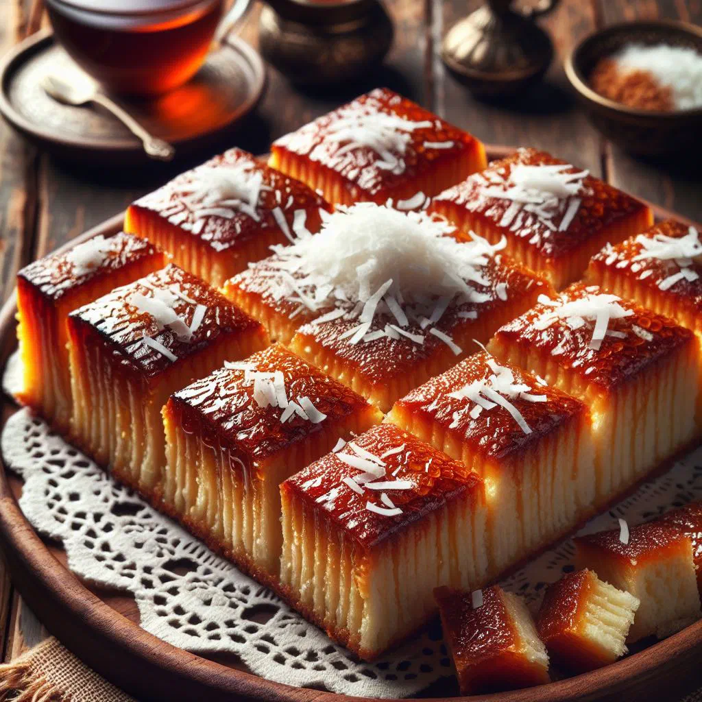 Golden squares of coconut basbousa soaked in sugar syrup